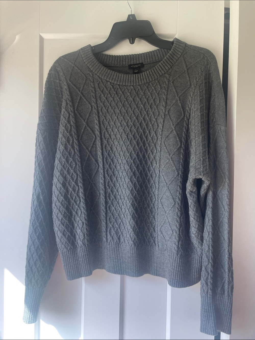 Ann Taylor Charcoal Gray Cable-Knit Crewneck Sweater